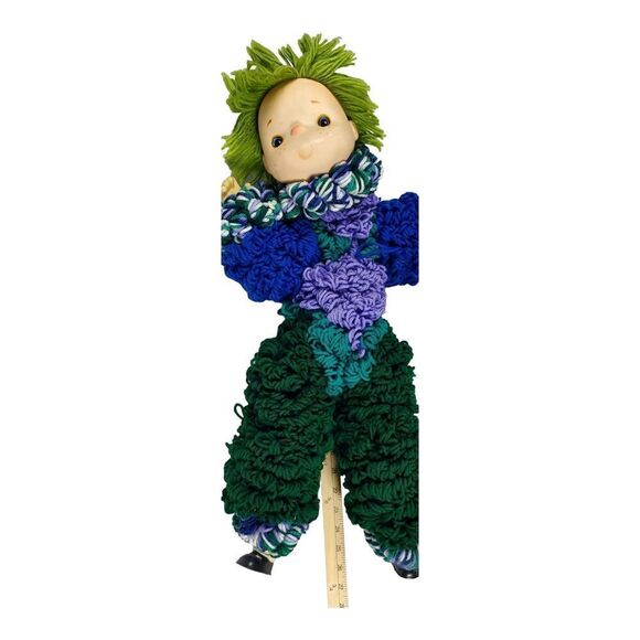 Handmade Yarn Doll w/ Green Hair Blue Purple Moveable Bendable Arms Legs Large - Picture 7 of 8